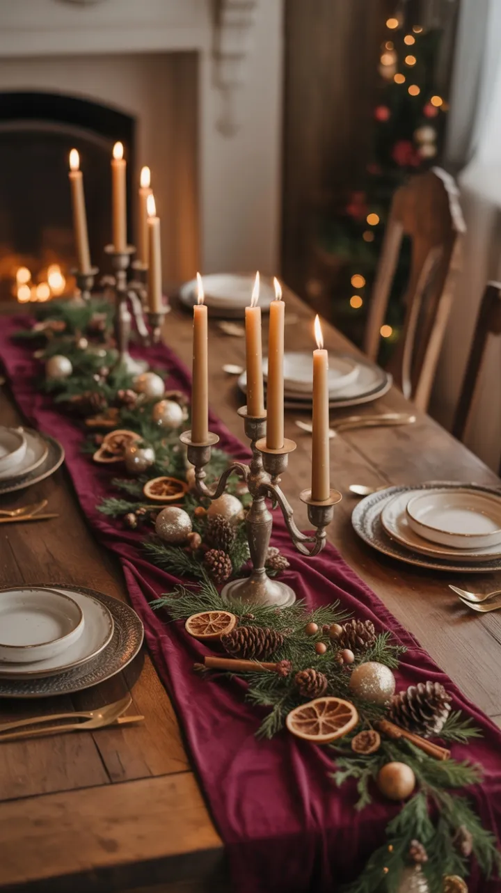 Hearthlit Rustic Christmas Table Draped in Burgundy Velvet
