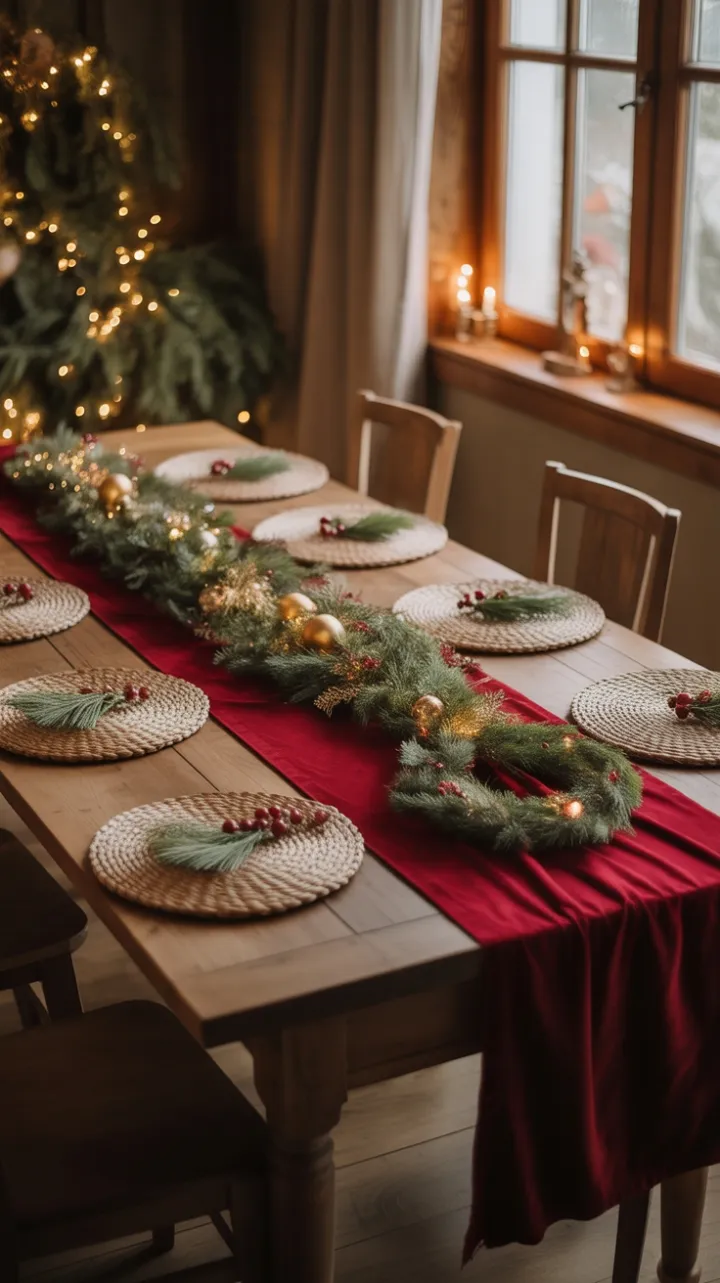 Velvet Runner and Pine Garland – A Cozy Farmhouse Christmas
