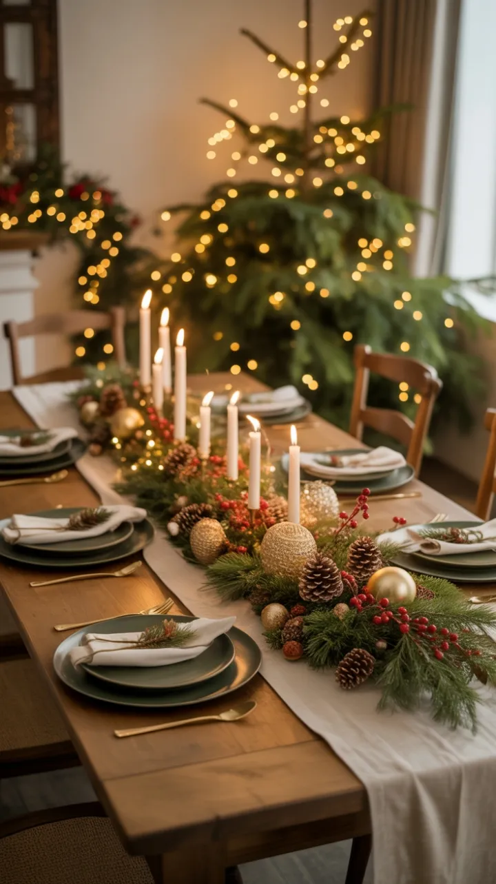 Farmhouse Christmas Table Dressed in Pinecones Berries and Twinkling Lights