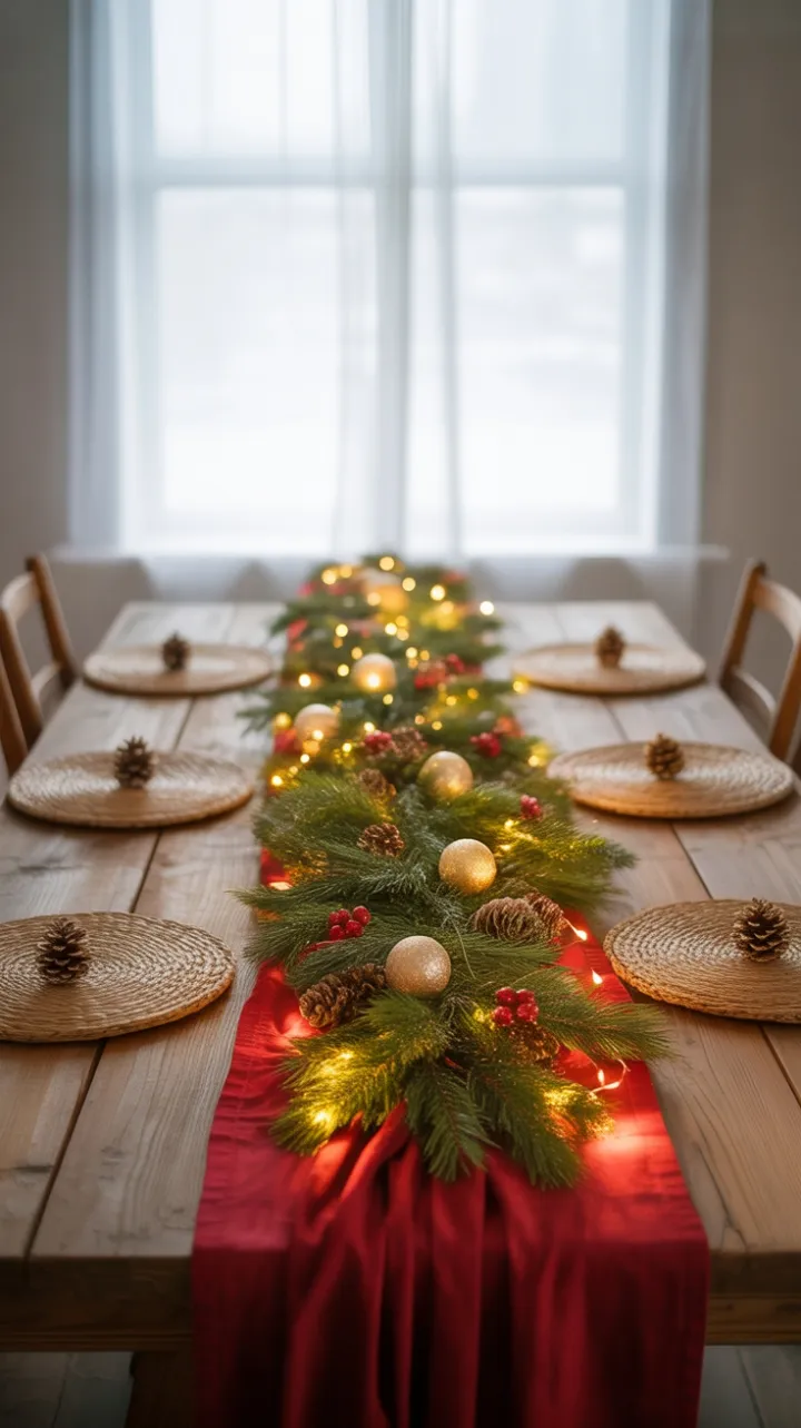 Warm Hearth Holiday Table Adorned in Red Gold and Evergreen