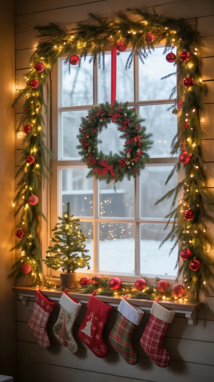 Farmhouse Window Aglow with Christmas Cheer