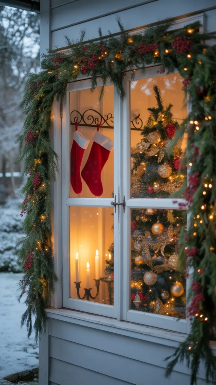 Snow-Kissed Farmhouse Window Aglow with Christmas Cheer