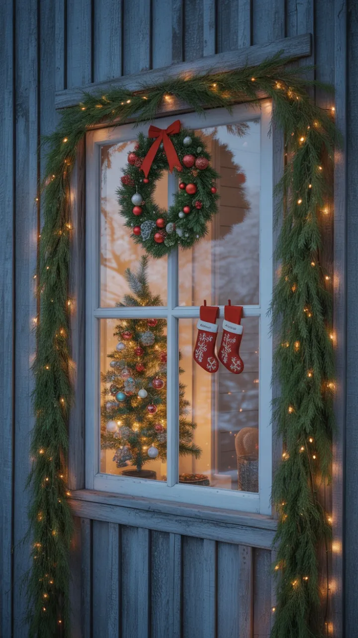 Snow-Kissed Farmhouse Window Dressed in Holiday Cheer