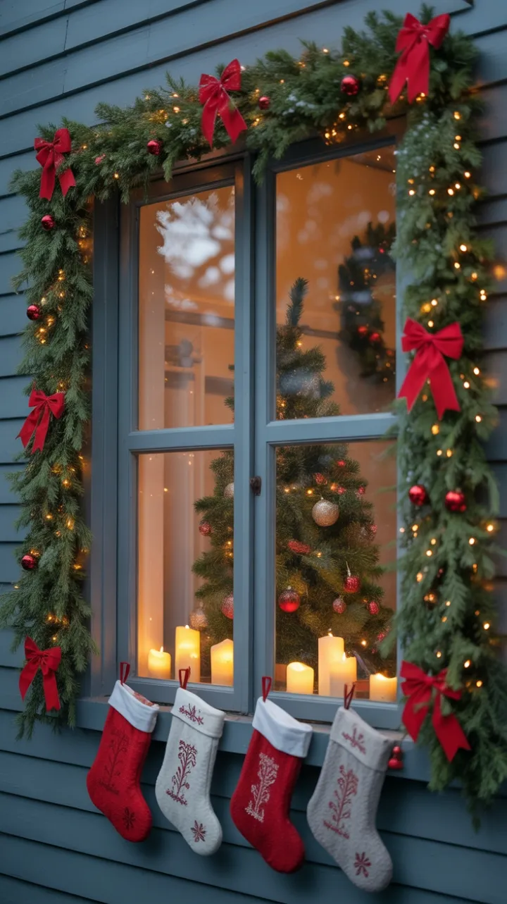 Candlelit Farmhouse Window Draped in Garland and Christmas Glow