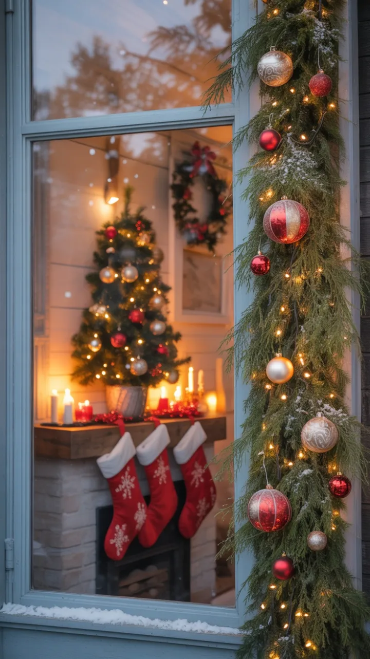 Snowy Christmas Eve Through a Warmly Lit Farmhouse Window