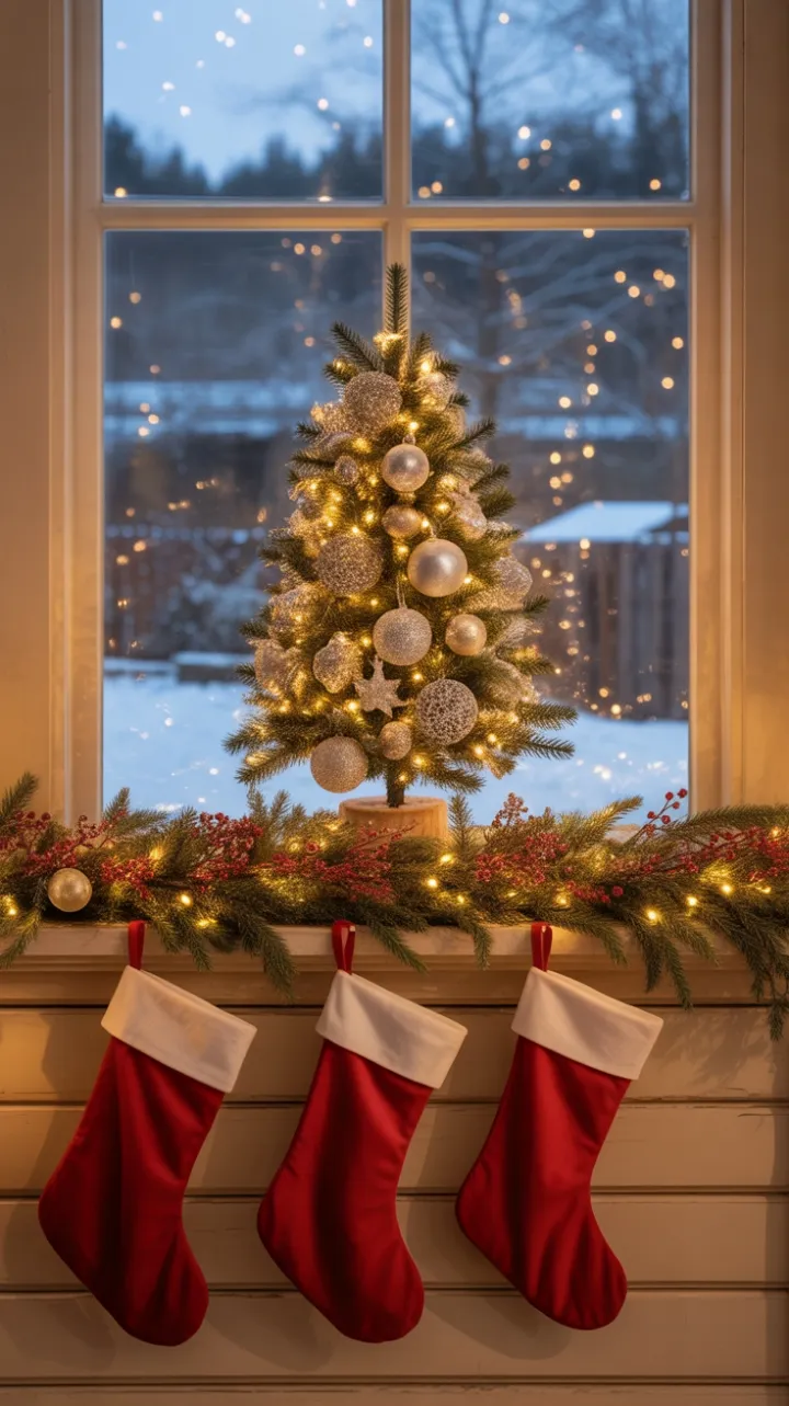 Farmhouse Window Wrapped in Christmas Glow