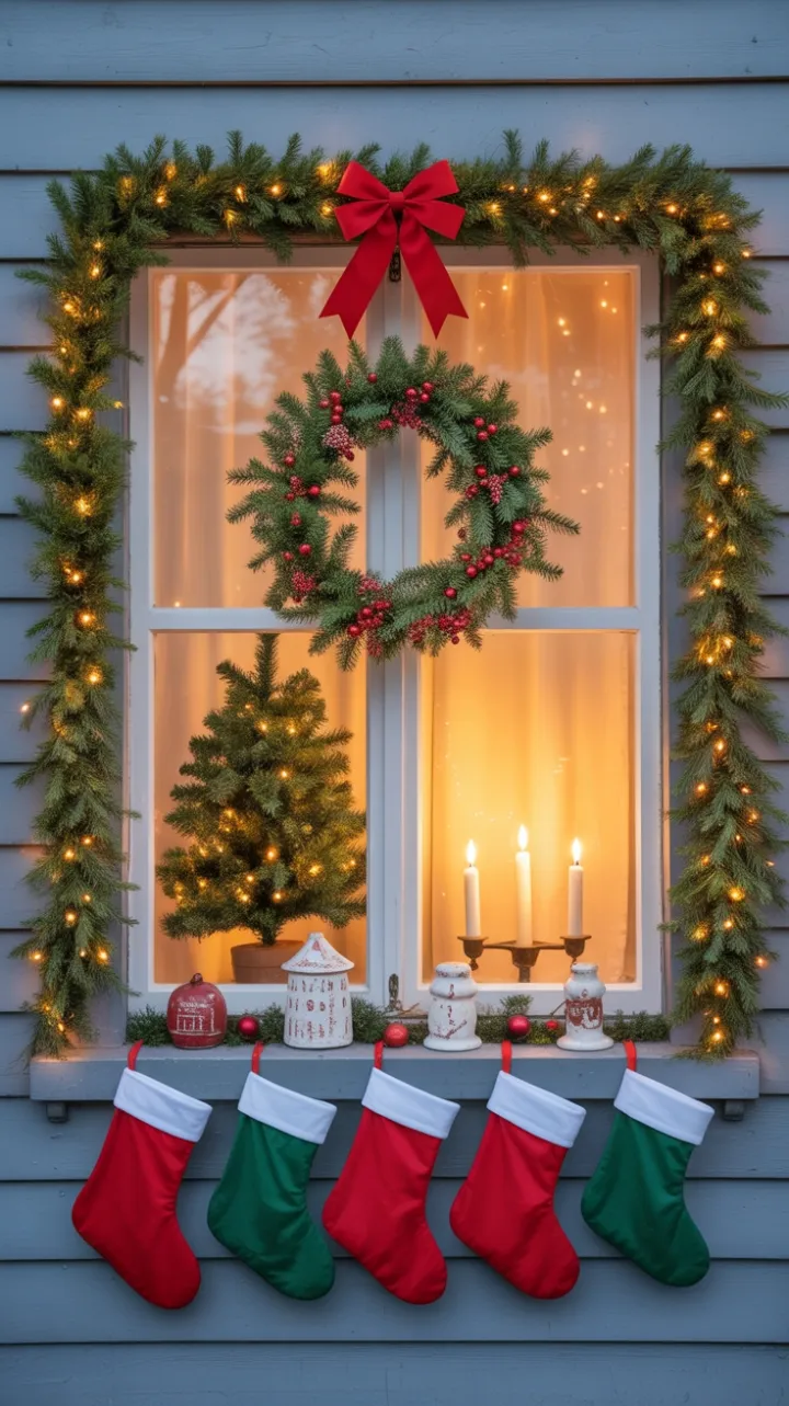 Farmhouse Window Bathed in Christmas Glow