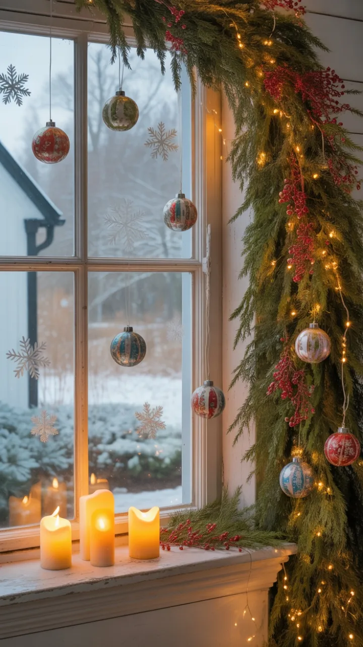 Snow-Kissed Farmhouse Window Wrapped in Twinkling Holiday Cheer