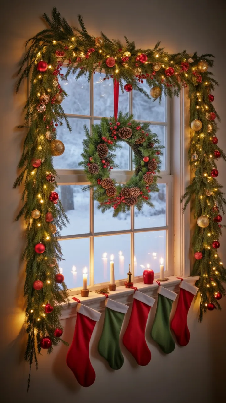 Farmhouse Window Wrapped in Warm Holiday Light
