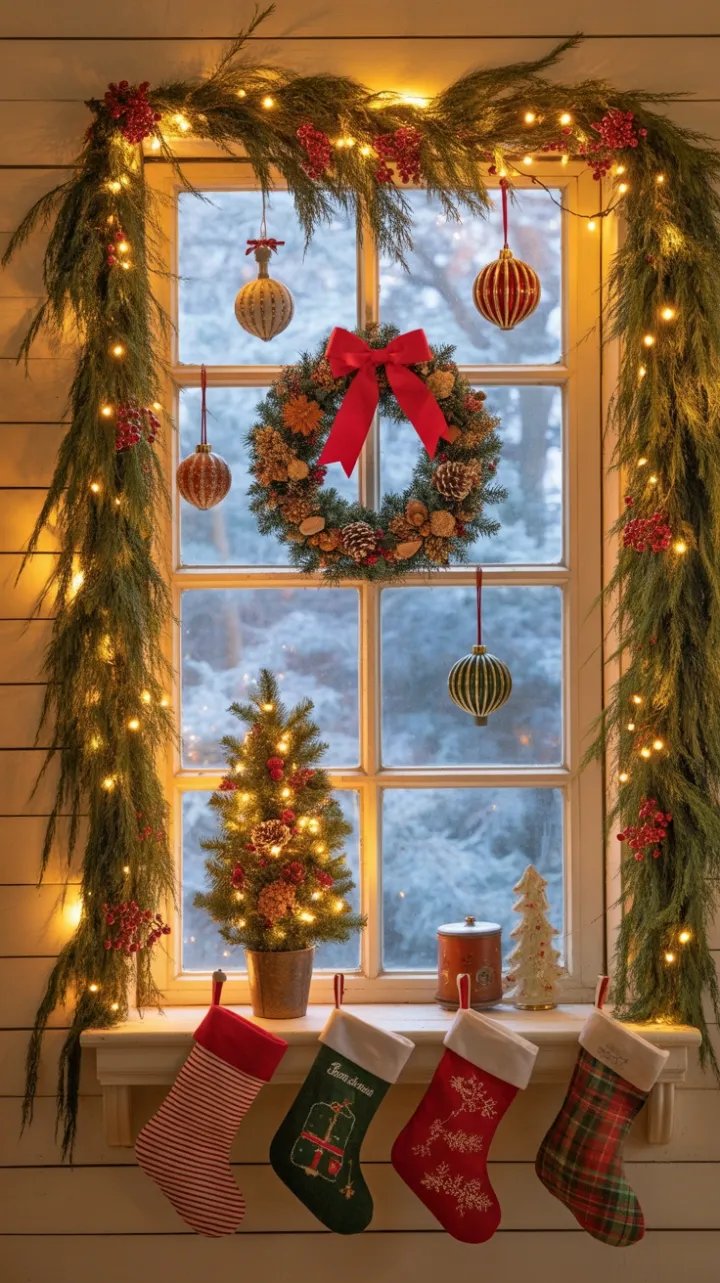Farmhouse Window Aglow with Garland, Wreath and Holiday Stockings