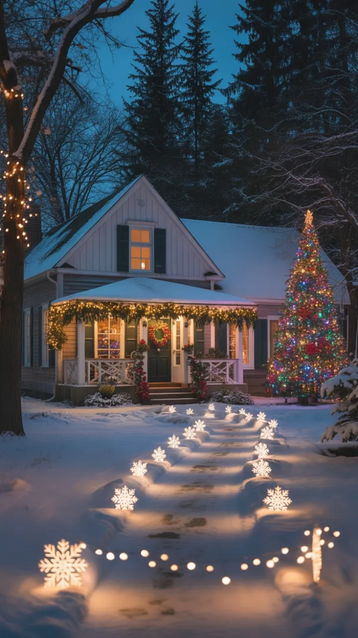 Snow-Kissed Farmhouse Wrapped in Warm Christmas Lights