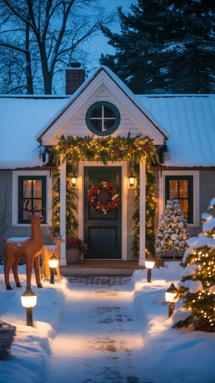 Snow-Kissed Farmhouse Wrapped in Twinkling Holiday Light