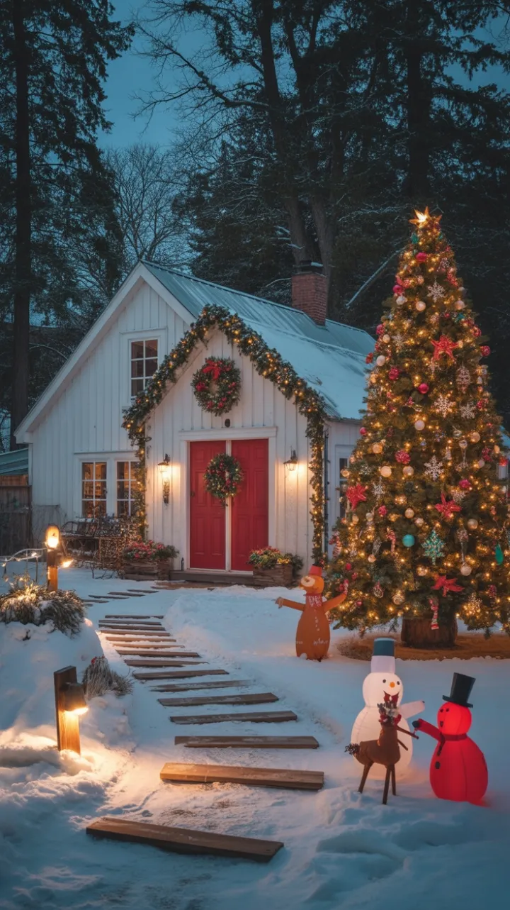 Red-Door Farmhouse Aglow with Holiday Magic
