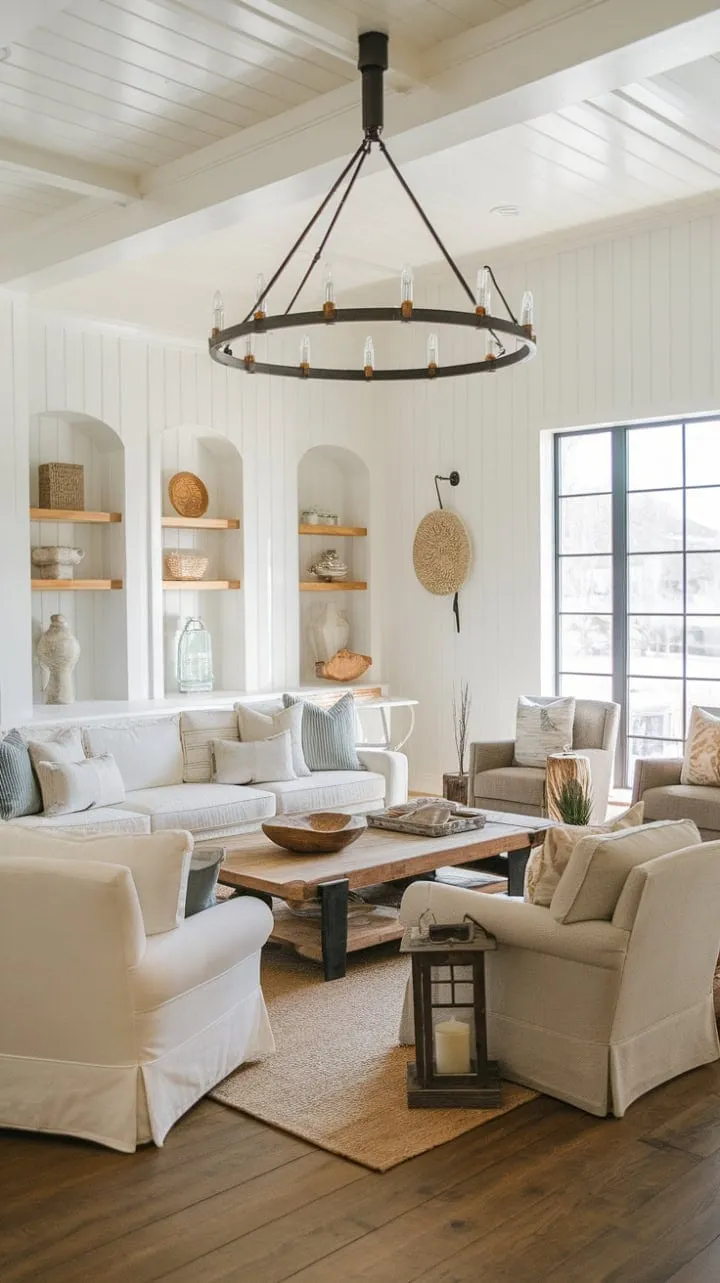 Sunlight dances through the window, revealing a cozy modern farmhouse living room where rustic charm meets contemporary comfort under the warm glow of a chandelier.