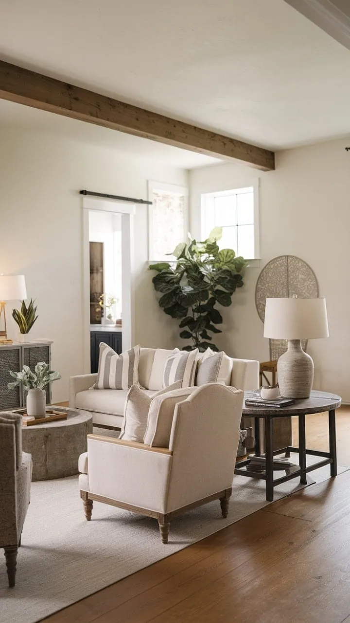 Sunlight bathes the modern farmhouse living room in warmth, where rustic charm meets chic elegance in a cozy embrace of textures and tones.