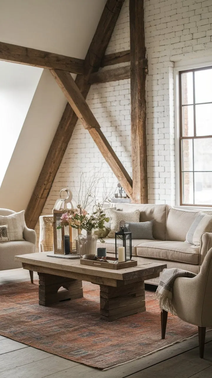 In this farmhouse living room, rustic charm and modern comfort blend seamlessly, creating a sunlit sanctuary of warmth and personality.