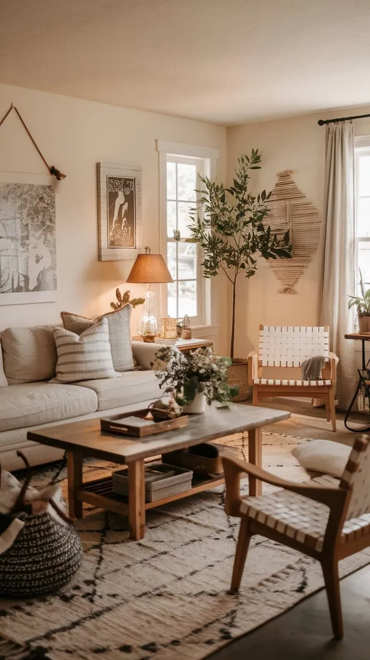 This cozy farmhouse living room masterfully blends warm lighting and rustic charm with modern elegance, creating an inviting and stylish retreat.