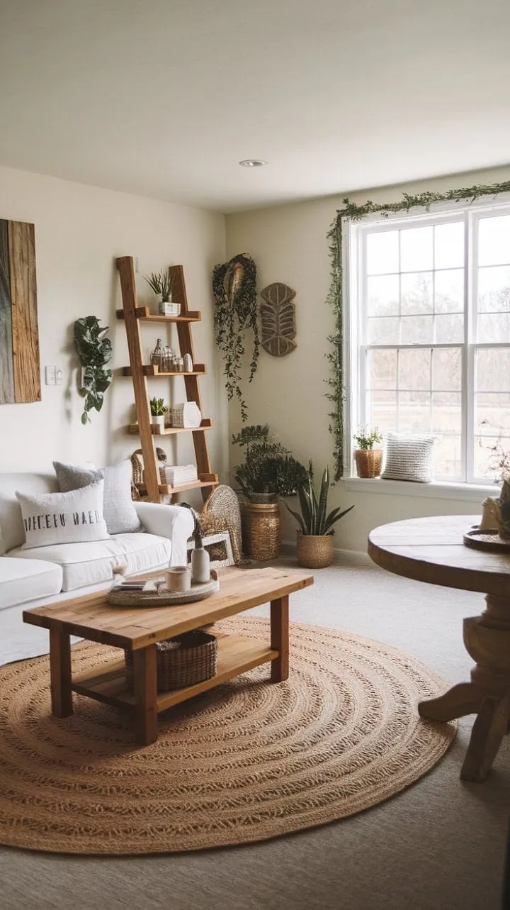 Bathed in sunlight, this modern farmhouse living room harmoniously blends rustic charm with contemporary style, creating an inviting sanctuary that celebrates the beauty of simple living.