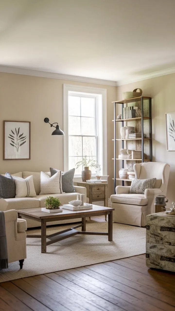 This modern farmhouse living room exudes understated elegance, blending warm wood floors and soft furnishings with curated décor for a serene and sophisticated retreat.