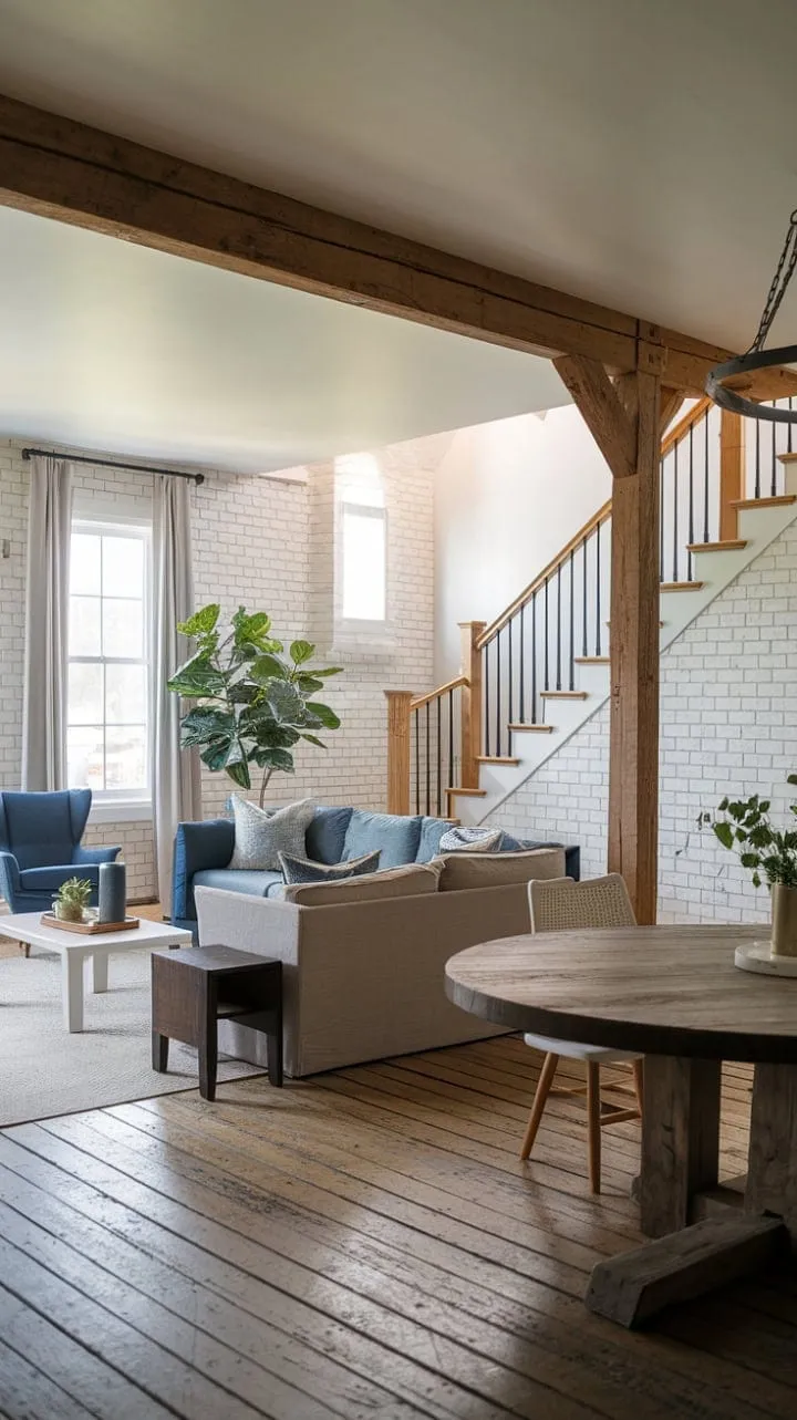 This farmhouse living room masterfully fuses rustic charm with modern elegance, featuring a whitewashed brick wall and a cozy wooden staircase that invite both lively gatherings and tranquil moments.