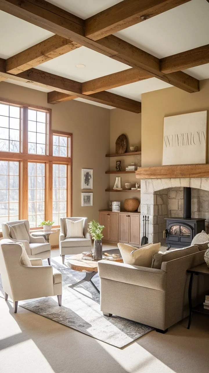 Sunlight bathes the modern farmhouse living room in warmth, where rustic stone and exposed beams harmonize with plush elegance for a cozy retreat.