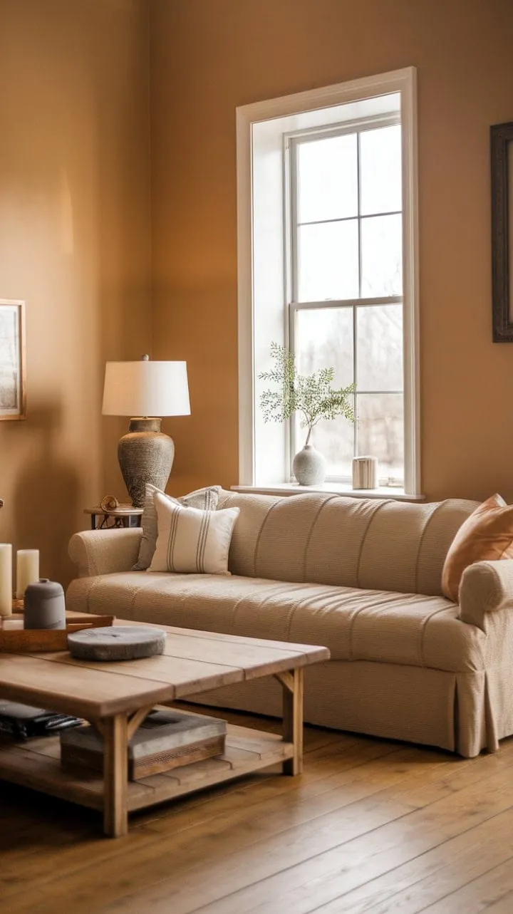 Sunlight bathes the modern farmhouse living room in warmth, where creamy beige walls and rustic wood floors create a serene sanctuary of comfort and style.
