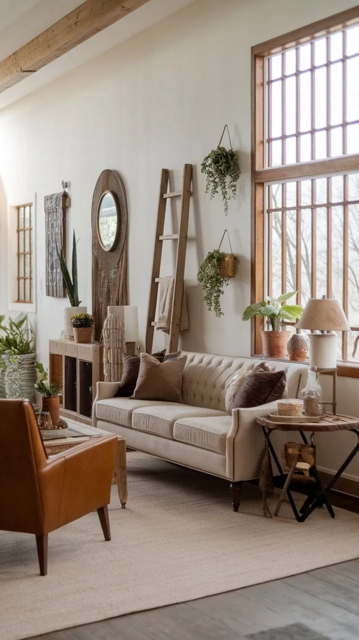 This cozy farmhouse living room beautifully blends rustic charm with modern elegance, creating a warm sanctuary bathed in natural light, perfect for unwinding and savoring life's simple joys.