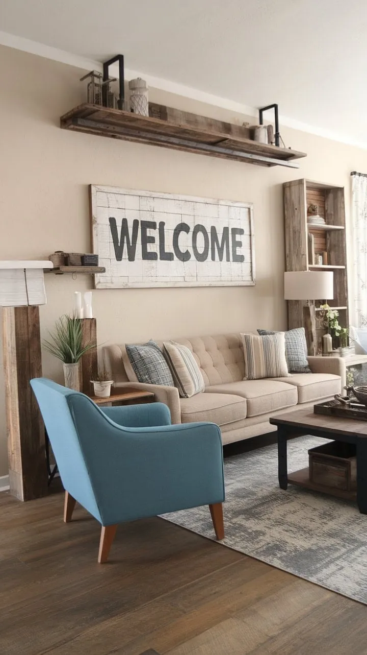This living room harmoniously fuses rustic farmhouse charm with modern elegance, creating a warm and stylish sanctuary.