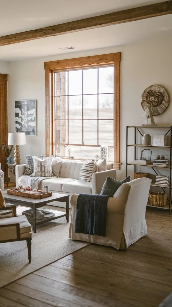 Sunlight dances across the warm wood floors of a modern farmhouse living room, where rustic charm meets contemporary style in a cozy, inviting embrace.