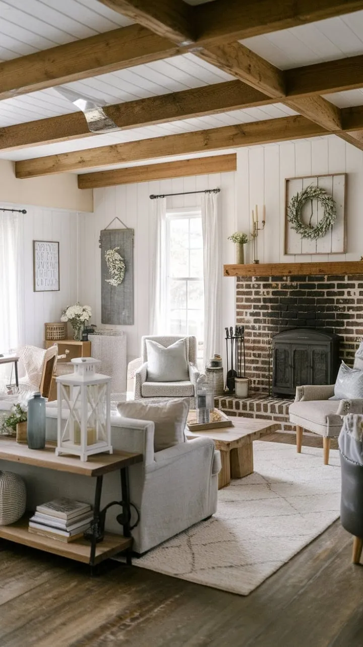 This farmhouse living room harmoniously blends rustic textures with soft furnishings, creating a serene oasis of warmth and connection.