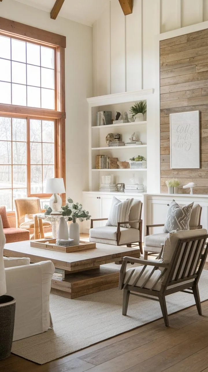 This farmhouse living room beautifully blends rustic charm and modern elegance, featuring a stunning wooden coffee table and cozy seating bathed in warm natural light for a serene ambiance.