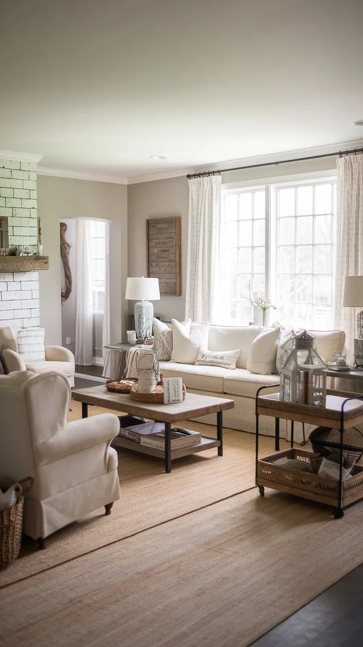 Sunlight streams through the window, illuminating the cozy textures and calming neutrals of this modern farmhouse living room. The beige sofa and armchair invite relaxation, while the rustic wooden coffee table and wrought-iron cart add a touch of charming imperfection. A perfect blend of comfort and style.