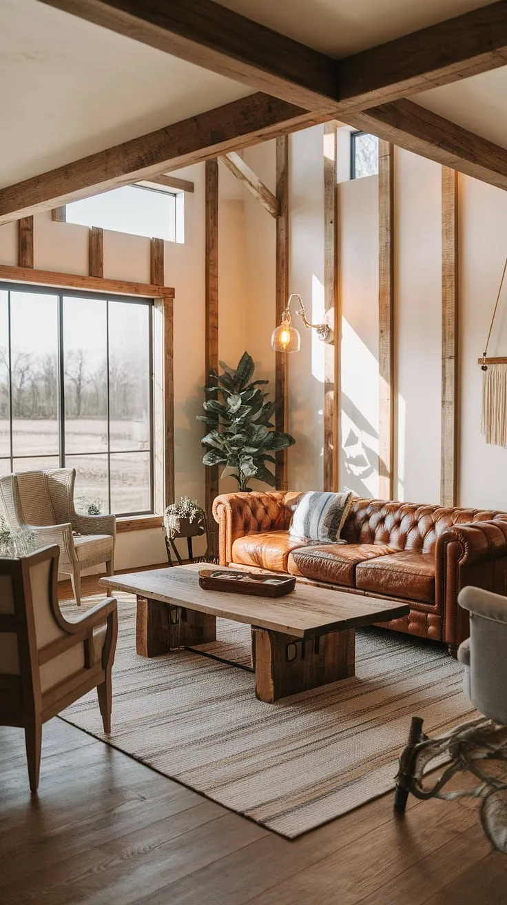 Sunlight streams through the large window, illuminating the cozy textures of this modern farmhouse living room. The exposed wooden beams, leather couch, and rustic coffee table create a warm and inviting atmosphere, perfect for relaxing evenings. A touch of greenery adds a fresh element to this perfectly balanced space.