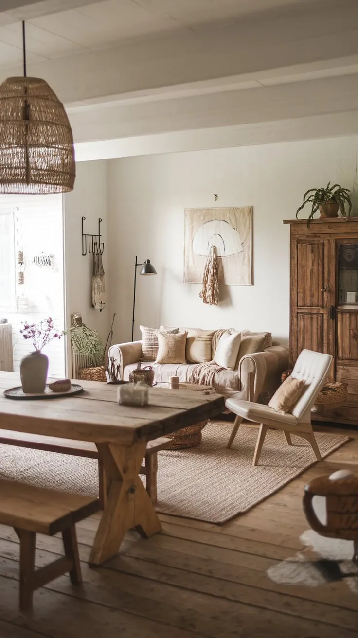 This modern farmhouse living room is a testament to understated elegance. A carefully curated collection of rustic pieces, from the large wooden table to the cozy beige sofa, creates a space that's both functional and aesthetically pleasing. A haven of calm and comfort, it's the ideal place to unwind and relax.
