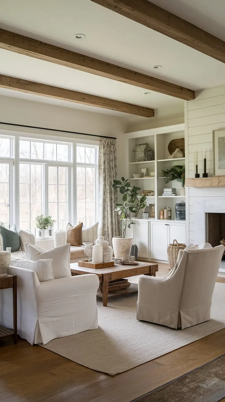 Sunlight streams through the farmhouse window, illuminating the cozy living room's rustic charm and modern comforts. The exposed wooden beams and fireplace add warmth, while the white sofa and beige armchair offer a touch of contemporary elegance. A perfect blend of old and new.
