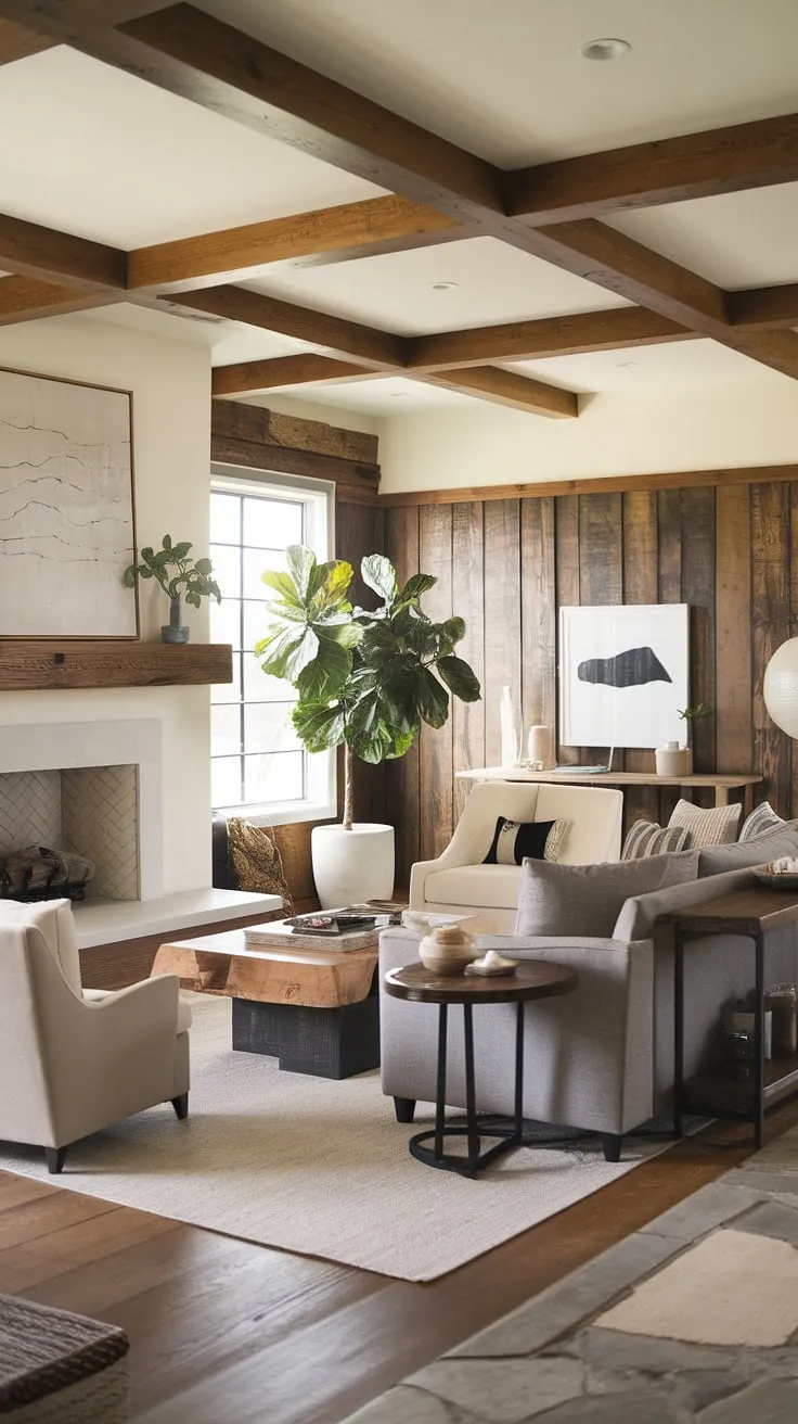 Cozy evenings and rustic charm come together seamlessly in this modern farmhouse living room. The blend of textures-from the stone flooring to the wooden beams and the soft gray sofa-creates a space that's both inviting and sophisticated. A large potted plant adds a touch of nature, while the white fireplace provides a focal point, perfectly complemented by the wooden mantel.