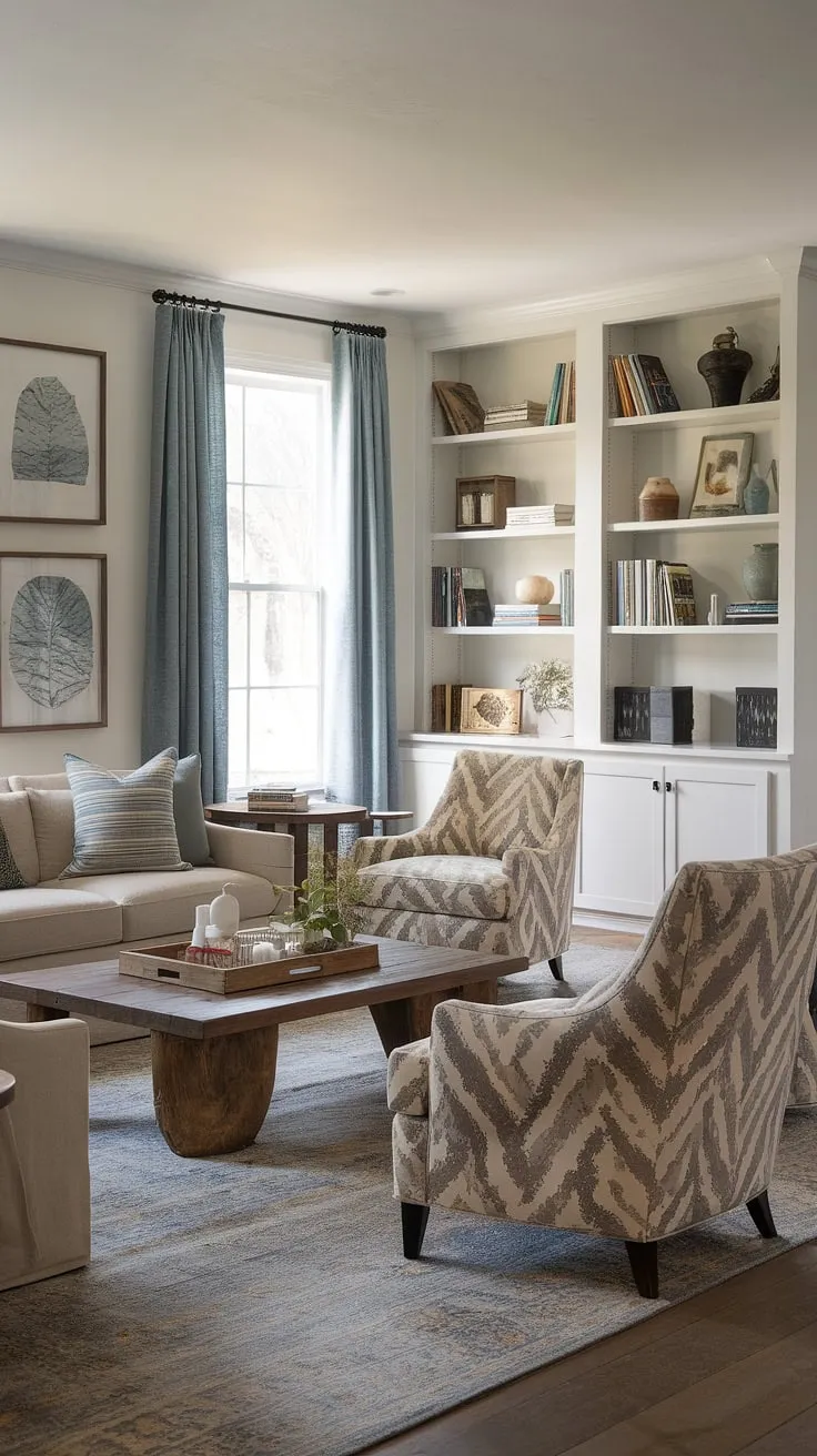 Sunlight streams through the blue-curtained window, illuminating the cozy textures and rustic charm of this modern farmhouse living room. The beige sofa invites relaxation, while the patterned chairs and area rug add pops of personality. A thoughtfully curated bookshelf, filled with books and decorative items, completes the scene, creating a space that's both stylish and inviting. A sense of warmth and comfort permeates every detail.