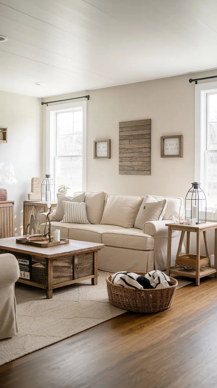 This modern farmhouse living room is the epitome of relaxed elegance. The warm, inviting atmosphere is enhanced by the thoughtful details-from the plush sofa and wooden coffee table to the carefully chosen accessories. A sanctuary of calm and comfort awaits.