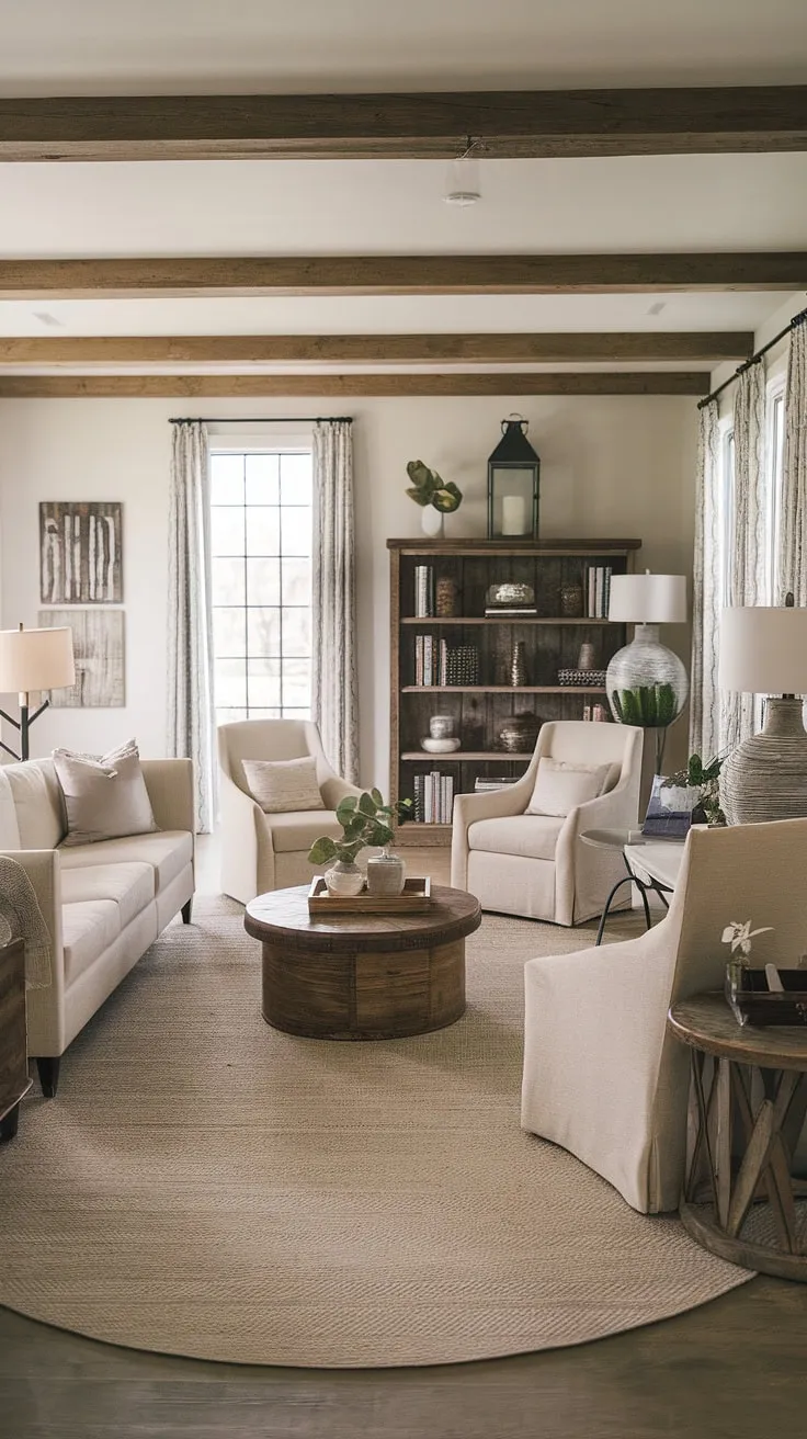 This modern farmhouse living room seamlessly blends rustic charm with contemporary elegance. The carefully curated décor, including the statement area rug and thoughtfully placed artwork, creates a welcoming atmosphere. A perfect blend of comfort and style for everyday living.