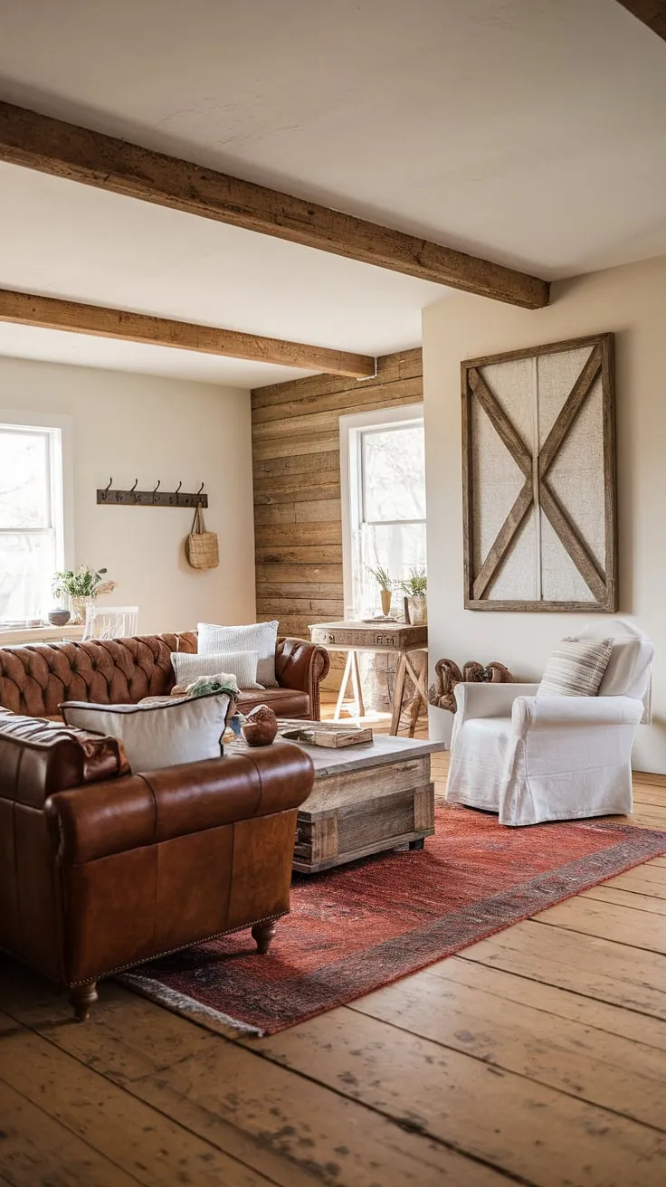 This farmhouse living room effortlessly blends rustic textures with clean lines. The large leather sofa offers a comfortable spot to unwind, while the white armchair adds a touch of elegance. A curated collection of artwork and accessories completes the look, creating a space that's both stylish and inviting.