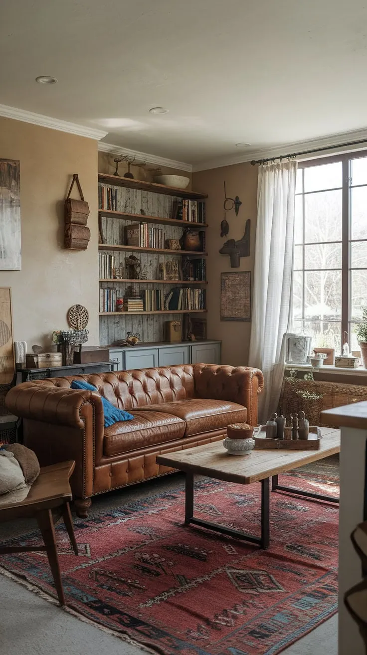 Sunlight streams through the window, illuminating the cozy textures and inviting atmosphere of this modern farmhouse living room. The worn leather sofa, paired with a rustic wooden coffee table and a vintage rug, creates a space that's both comfortable and stylish. A curated bookshelf adds personality, completing the perfectly balanced blend of rustic charm and contemporary elegance.