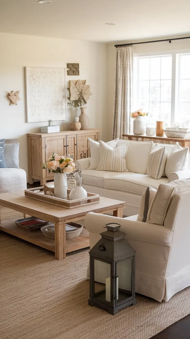 Sunlight streams through the window, illuminating the cozy textures and warm hues of this modern farmhouse living room. The white sofa invites you to sink in, while the rustic wooden coffee table and carefully chosen accents create a space that's both stylish and incredibly inviting. A perfect blend of comfort and contemporary design.