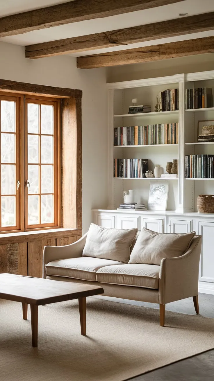 This modern farmhouse living room is the epitome of cozy comfort. Natural light floods the space, highlighting the warm tones of the wooden beams and the inviting beige sofa. The carefully curated bookshelf adds a touch of personality, creating a space perfect for relaxation and unwinding.