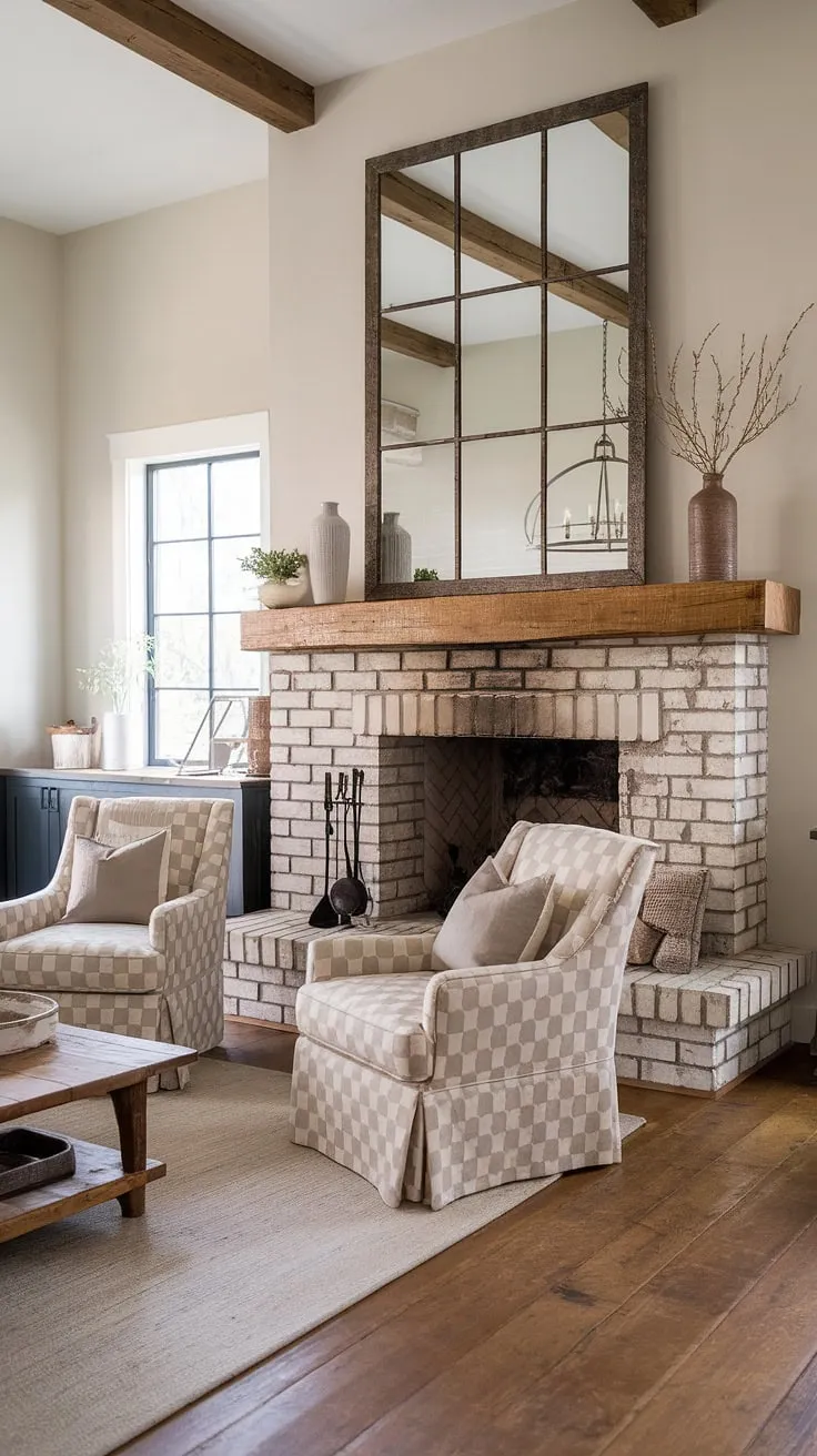 Finding comfort in the simple things: a crackling fire, a worn armchair, and the soft glow of the setting sun. This modern farmhouse living room is my sanctuary, a place where rustic charm meets contemporary ease. The large rustic mirror above the fireplace reflects the warmth of the room, creating a space that feels both inviting and effortlessly stylish.