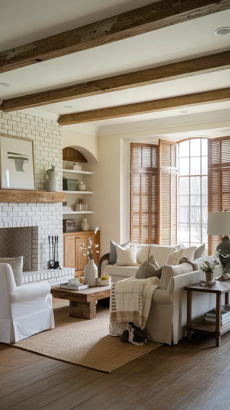 This farmhouse living room effortlessly blends rustic charm with modern elegance. The exposed wooden beams and white-washed brick fireplace create a stunning backdrop for the comfortable seating area, while the large window and wooden shutters let in abundant natural light, making it the perfect place to relax and unwind. A home filled with character and comfort.