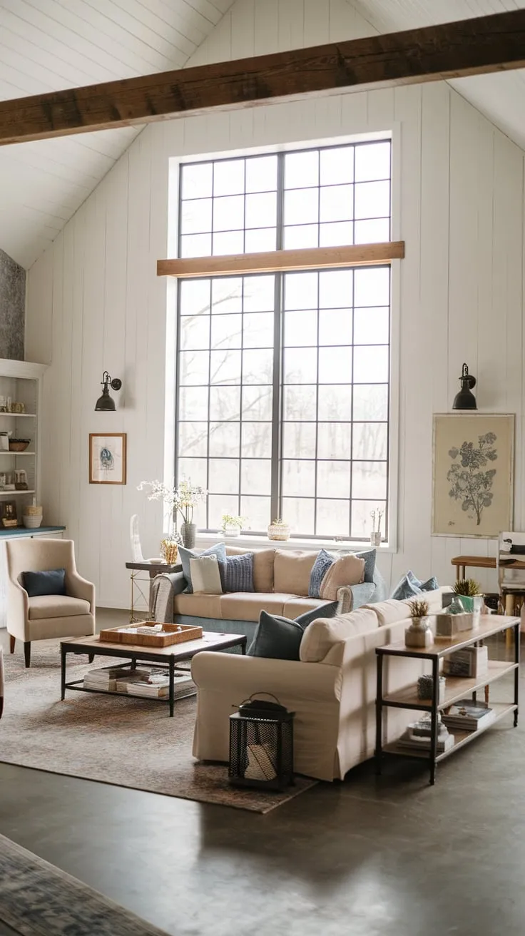 Cozy evenings and quiet mornings are best spent in this modern farmhouse living room, where rustic charm meets comfortable elegance. The high ceilings and large window, framed by exposed wooden beams, flood the space with natural light, creating a serene atmosphere perfect for relaxation. A testament to thoughtful design and a love for home.