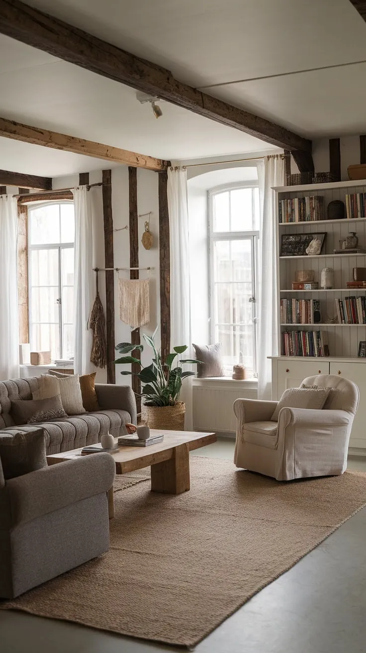 Finding comfort in the simple things: a cozy grey sofa, a warm fire (A), and the quiet rustle of pages from a well-loved book. This modern farmhouse living room is my sanctuary.