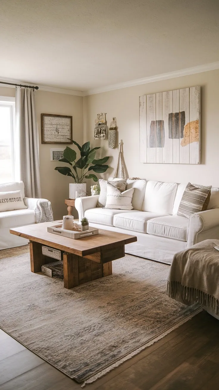This modern farmhouse living room effortlessly blends rustic charm with contemporary style. The neutral color palette, punctuated by carefully selected textures and personal touches, creates a space that is both inviting and aesthetically pleasing. A haven of comfort and style.