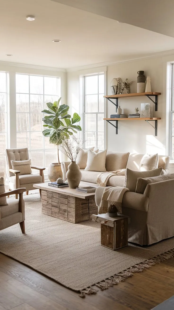 This modern farmhouse living room is the epitome of comfortable elegance. The carefully curated details, from the textured rug to the thoughtfully placed plants, contribute to a serene and welcoming ambiance. A feeling of peaceful tranquility pervades the space, making it an ideal retreat.