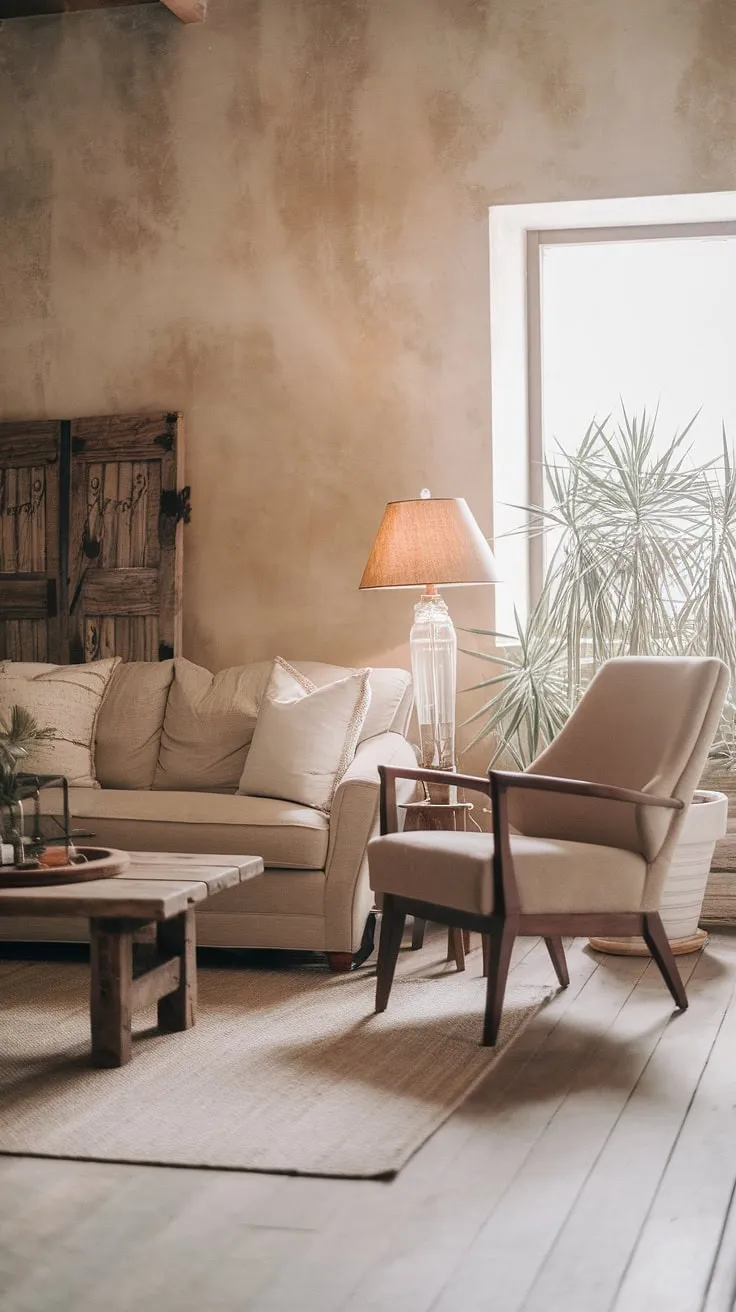 This cozy farmhouse living room is a testament to the beauty of simple living. The beige sofa and chair, paired with the rustic walls and light wooden floors, create a serene and welcoming ambiance. The addition of a vintage lamp and a leafy green plant adds personality and warmth, making it the perfect place to unwind after a long day.